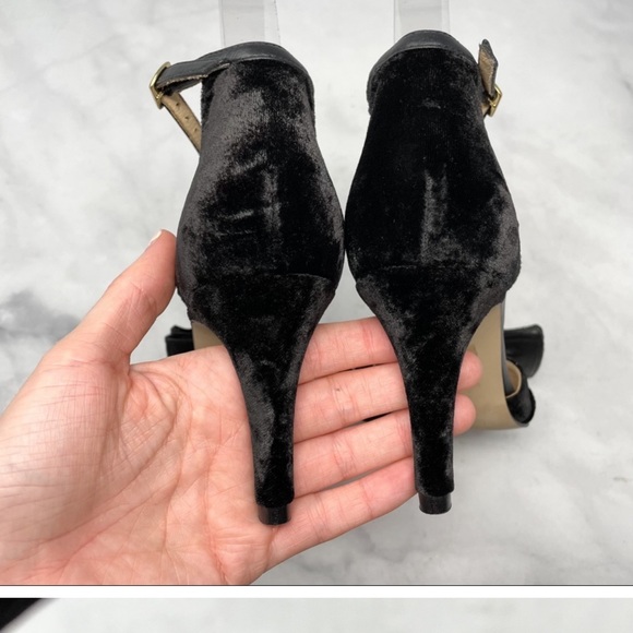 NEW Anthropologie Leather Velvet Knot Bow Ankle Strap Midi Sandal Heels Black - Picture 3 of 5